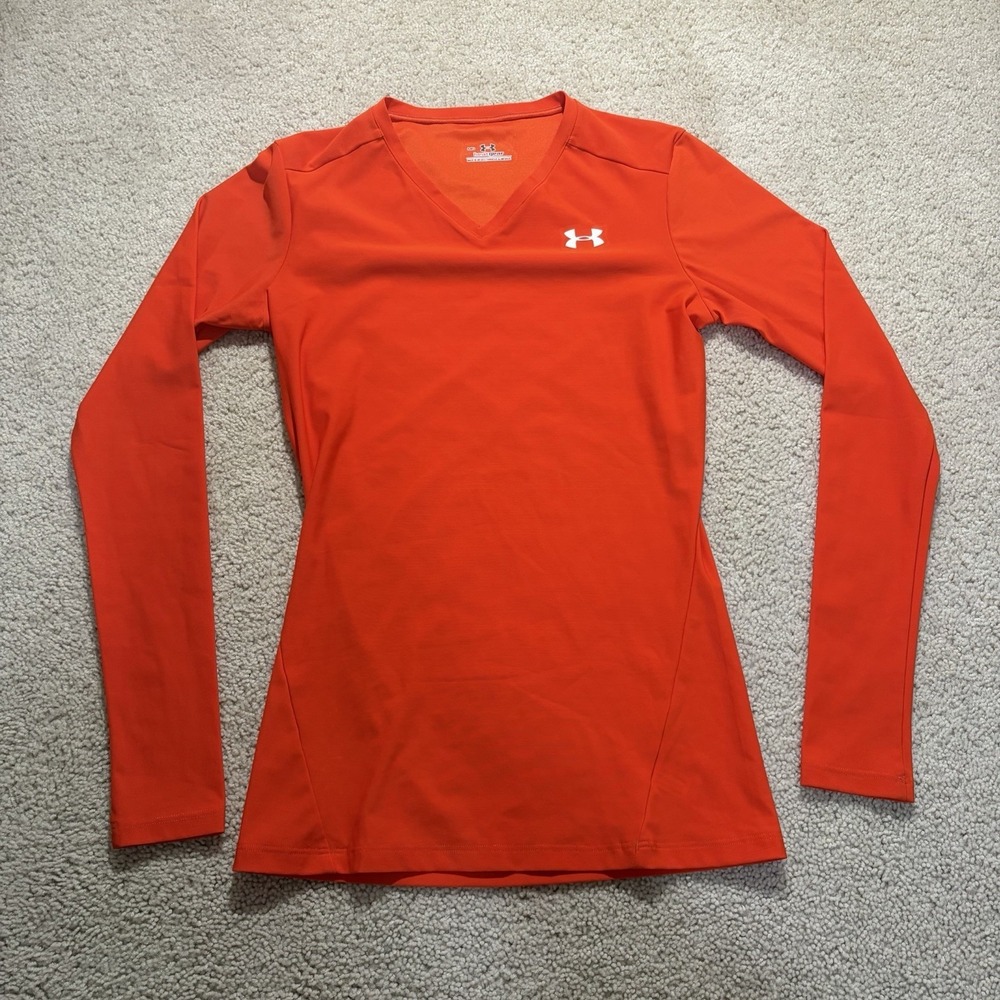 Under Armour Heat Gear V-Neck Long Sleeve Shirt Women's Medium Orange Volleyball